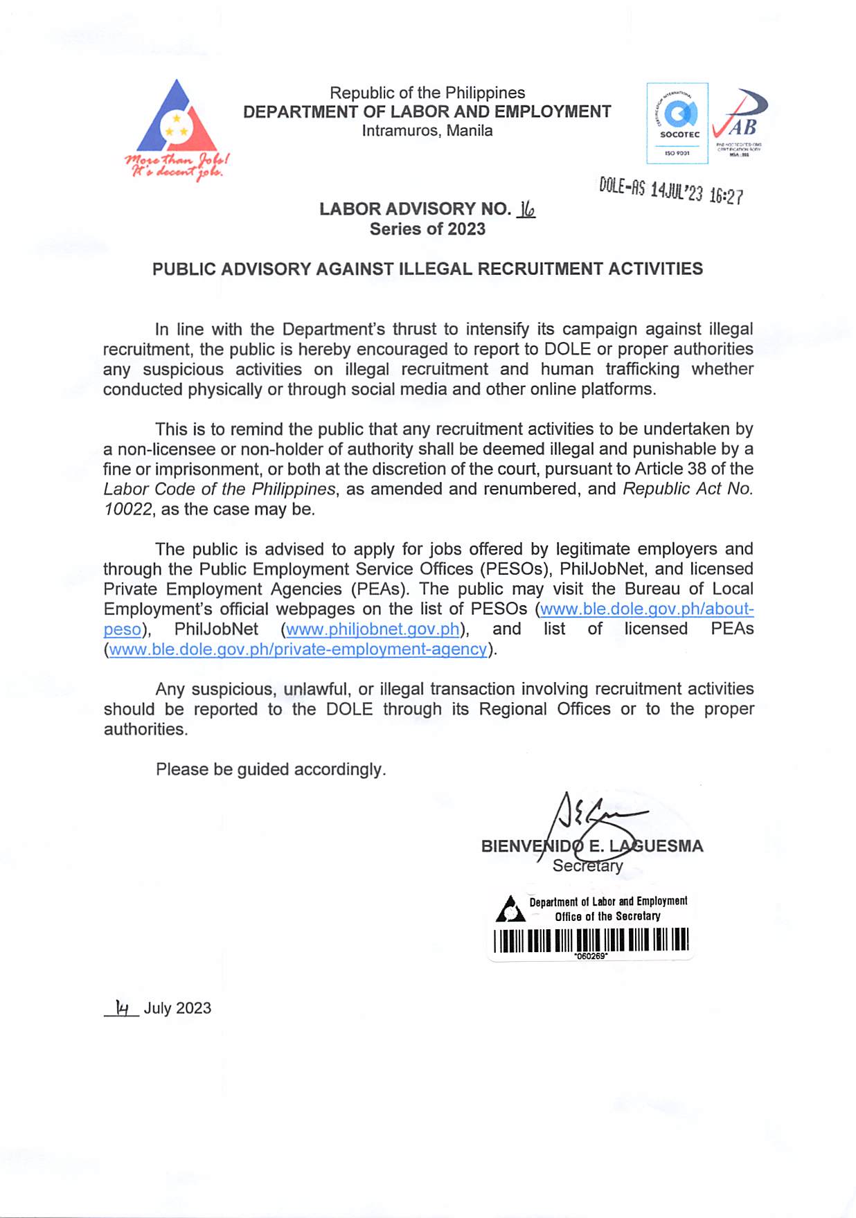 Notice to the public